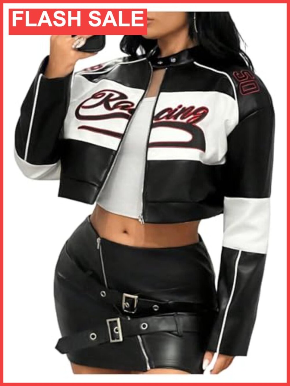 Faux Leather Zip Up Crop Graphic Jacket Long Sleeve Stand Collar Y2K